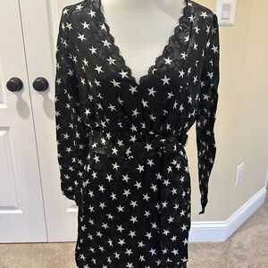 $849 The Kooples Women Black Star Print A-Line V-Neck Lace Tie Silk Mini Dress L